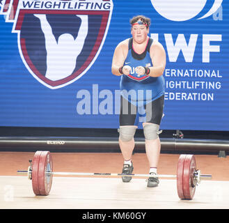 Anaheim, California, USA. 5th Dec, 2017. Sarah Robles, of the United States, signals to officials after a Snatch Lift. Sarah Robles, of the United States took first place in both the Snatch Lift as well as the Clean and Jerk Lift to take the over all 2017 International Weightlifting Championship in the Womens Plus 90 Group A division with a final score of 284 and besting a field of 9 competitors. Credit: ZUMA Press, Inc./Alamy Live News Stock Photo