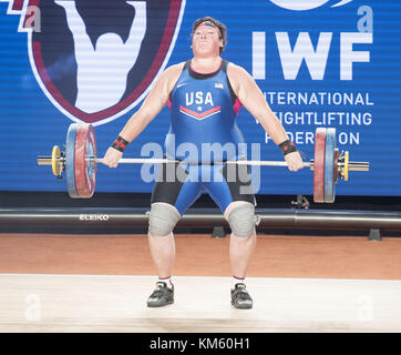 Anaheim, California, USA. 5th Dec, 2017. Sarah Robles, of the United States, competes in the Snatch Lift. Sarah Robles, of the United States took first place in both the Snatch Lift as well as the Clean and Jerk Lift to take the over all 2017 International Weightlifting Championship in the Womens Plus 90 Group A division with a final score of 284 and besting a field of 9 competitors. Credit: ZUMA Press, Inc./Alamy Live News Stock Photo