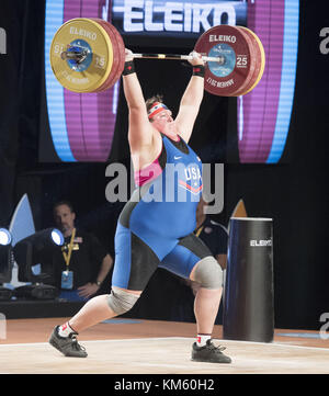 Anaheim, California, USA. 5th Dec, 2017. Sarah Robles, of the United States, competes in her last Clean and Jerk Lift with 158 kilos on the bar. Sarah Robles, of the United States took first place in both the Snatch Lift as well as the Clean and Jerk Lift to take the over all 2017 International Weightlifting Championship in the Womens Plus 90 Group A division with a final score of 284 and besting a field of 9 competitors. Credit: ZUMA Press, Inc./Alamy Live News Stock Photo