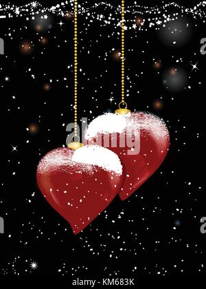 3D Illustration of Heart Shaped Christmas Baubles with Golden Chains and Snow Over Black Festive Decorated Background with Snowflakes and Stars Stock Vector