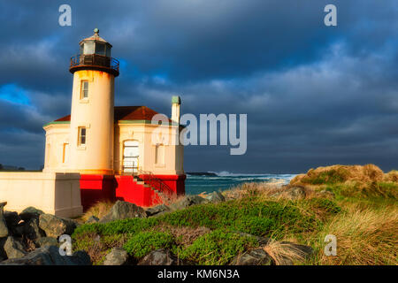 Coquille River Light sits on the mouth of the Coquille River in Bandon, on the Oregon Coast.  First light 1896 and deactivated in 1939. Stock Photo