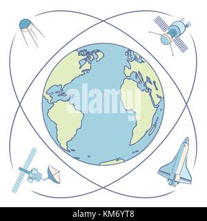 Earth in space. Satellites and spacecrafts orbiting Earth. Stock Vector