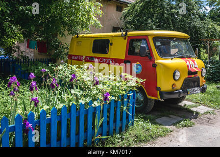 Emergency gas service UAZ 452 vehicle in Terebovlia (Polish: Trembowla) small city in Ternopil Oblast (province) of western Ukraine Stock Photo