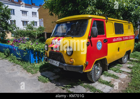 Emergency gas service UAZ 452 vehicle in Terebovlia (Polish: Trembowla) small city in Ternopil Oblast (province) of western Ukraine Stock Photo