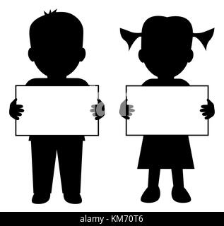 Boy and girl holding blank banner for your text Stock Photo