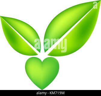 Green vector icon with heart shape and two leaves. Can be used for eco, vegan, herbal healthcare or nature care concept logo design Stock Vector