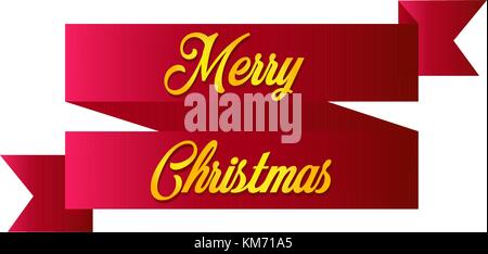 Red ribbon realistic detailed curved paper Merry Christmas banner isolated on white background. Stock Vector
