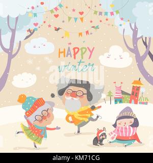 Happy couple of elderly with granddaughter skating on ice Stock Vector