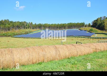 Green energy - photovoltaic solar panels in a rural field Stock Photo