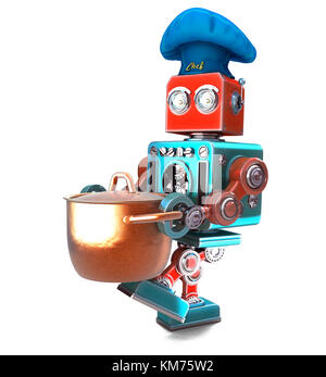 Robot Chef with saucepan. 3D illustration. Isolated. Contains clipping path. Stock Photo