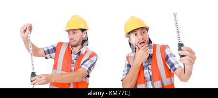Construction worker with tape-line isolated on white Stock Photo