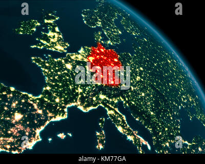 Orbit view of Germany at night highlighted in red on planet Earth with highly detailed surface textures. 3D illustration. Elements of this image furni Stock Photo