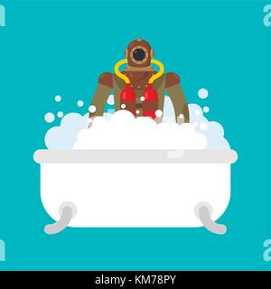 Diver in bath. Retro Underwater diver in bathroom. Vector illustration Stock Vector