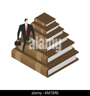 Businessman walks Stairs from books. Knowledge and training concept illustration. Pyramid of book Stock Vector