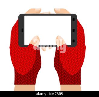 Hands in mittens hold phone. Winter gloves and gadget. Vector illustration Stock Vector