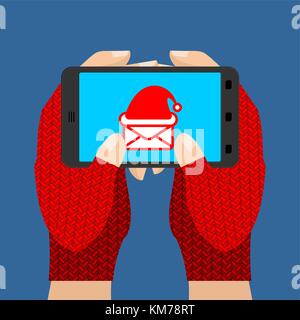 Online ordering of Christmas presents. Hands in mittens hold phone. Winter gloves and gadget. Vector illustration Stock Vector