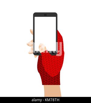 Hands in mittens hold phone. Winter gloves and gadget. Vector illustration Stock Vector