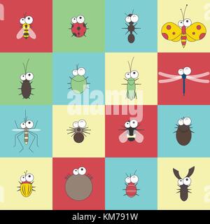 vector flat line funny cartoon bug insect set Stock Vector