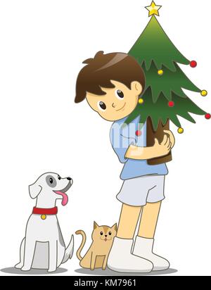 Little boy with cat and dog holding Christmas tree Stock Vector