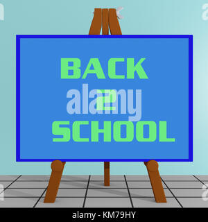 3D illustration of 'BACK 2 SCHOOL' title on a tripod display board Stock Photo