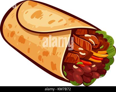 Burrito. Element of restaurant menu or eatery. Mexican food, meal, eating concept. Cartoon vector illustration Stock Vector