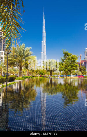 DUBAI ,UNITED ARAB EMIRATES-FEBRUARY 27, 2017: Beautiful Burj Khalifa and reflection in the water,United Arab Emirates Stock Photo