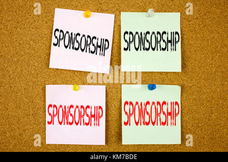 Conceptual hand writing text caption inspiration showing Sponsorship Business concept for Word Cloud Concept on colourful Sticky Note close-up Stock Photo