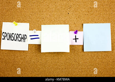 Conceptual announcement text caption inspiration showing Sponsorship Business concept for Word Cloud Concept written on Sticky Note on cork background Stock Photo