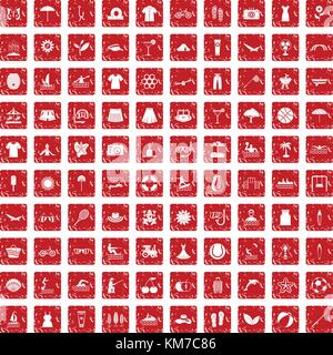 100 summer icons set grunge red Stock Vector