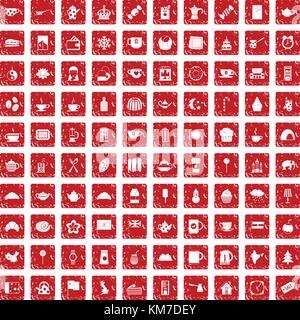 100 tea cup icons set grunge red Stock Vector