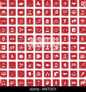 100 team icons set grunge red Stock Vector