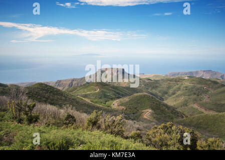 La Gomera landscape viewed from the highest point of the island, El Hierro island is in the background, Canary island, Spain. Stock Photo