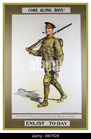 Vintage recruitment WWI Propaganda Poster British 'Come Along Boys' Enlist Today Army War Poster World War 1 Stock Photo