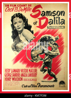Vintage 1940's movie film poster SAMSON & DALILA 1949, Samson et Dalila (Samson and Delilah)  French movie poster starring Hedy Lamarr, Victor Mature and directed by Cecil B. DeMille. Poster for French audiences depicting Hedi Lamarr in a ruthless pose for this renowned biblical story. Stock Photo