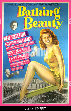 Vintage Film Poster 'Bathing Beauty', 1944. Movie Poster starring Esther Williams. Red Skelton and featuring Harry James and his orchestra. Directed by George Sydney “MGM’s technicolor musical spectacle”. Stock Photo