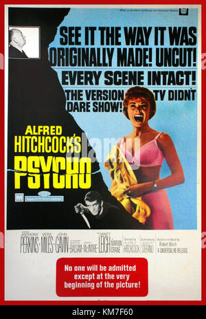 ALFRED HITCHCOCK ‘PSYCHO’ 1960’s Film Movie Poster, starring Anthony Perkins, Vera Miles and Janet Leigh.1969 iconic poster for the most famous of the Alfred Hitchcock’s thriller movies Stock Photo