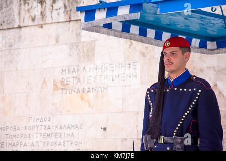 Evzones in front of the Tomb of the Unknown Soldier at Syntagma square Stock Photo