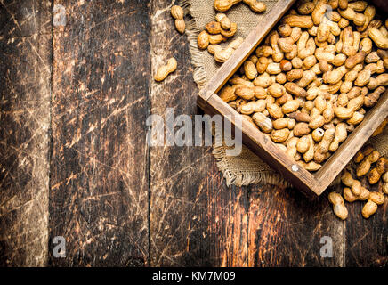 Peanuts in an old box. On wooden background. Stock Photo