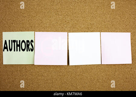 Conceptual hand writing text caption inspiration showing Authors Business concept for Word Message Text Typography on the colourful Sticky Note close- Stock Photo