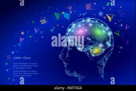 Low poly abstract brain virtual reality concept. Geometric polygonal shapes triangle linear mind imagination dream modern vector illustration active thinking process. Human extra mental intelligence Stock Vector