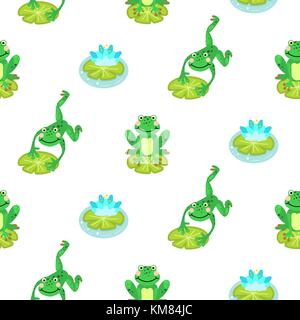 Frogs cartoon green seamless vector pattern. Stock Vector