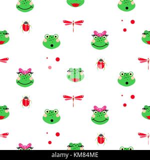 Frogs cartoon green seamless vector pattern. Stock Vector