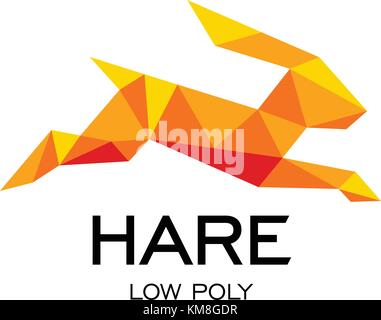 Hare geometrical sign, rabbit abstract polygonal vector logo template. Origami orange color low poly wild animals icon Stock Vector