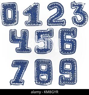 Written numbers 0-9 hand drawn sketch denim style. Stock Vector