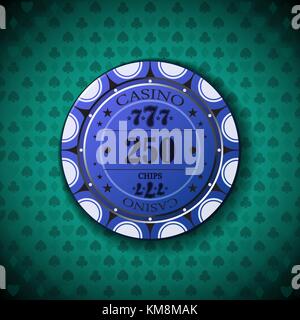 Poker chip nominal, two hundred fifty, on card symbol background. Stock Vector