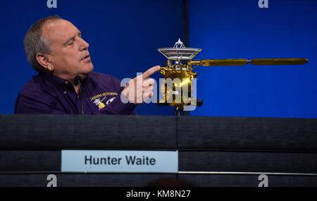 Southwest Research Institute Ion and Neutral Mass Spectrometer (INMS) Principle Investigator Hunter Waite speaks during a press conference on the end of the Cassini-Huygens Saturn mission at the NASA Jet Propulsion Laboratory September 13, 2017 in Pasadena, California.  (photo by Joel Kowsky  via Planetpix)