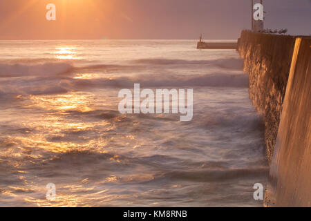 Sunrise on the empty pier in Seahouses,  Northumberland, Great Britain Stock Photo