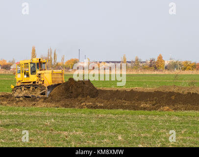 The yellow tractor with attached grederom makes ground leveling. Work on the drainage system in the field. Stock Photo