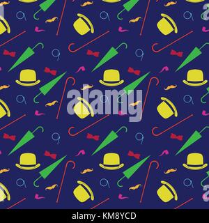 Retro gentleman elements - bowler, moustache, tobacco pipe monocle, cane and umbrella seamless pattern. Stock Vector