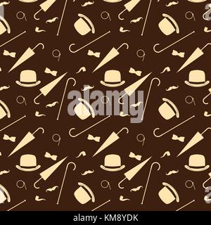 Retro gentleman elements - bowler, moustache, tobacco pipe monocle, cane and umbrella seamless pattern. Stock Vector